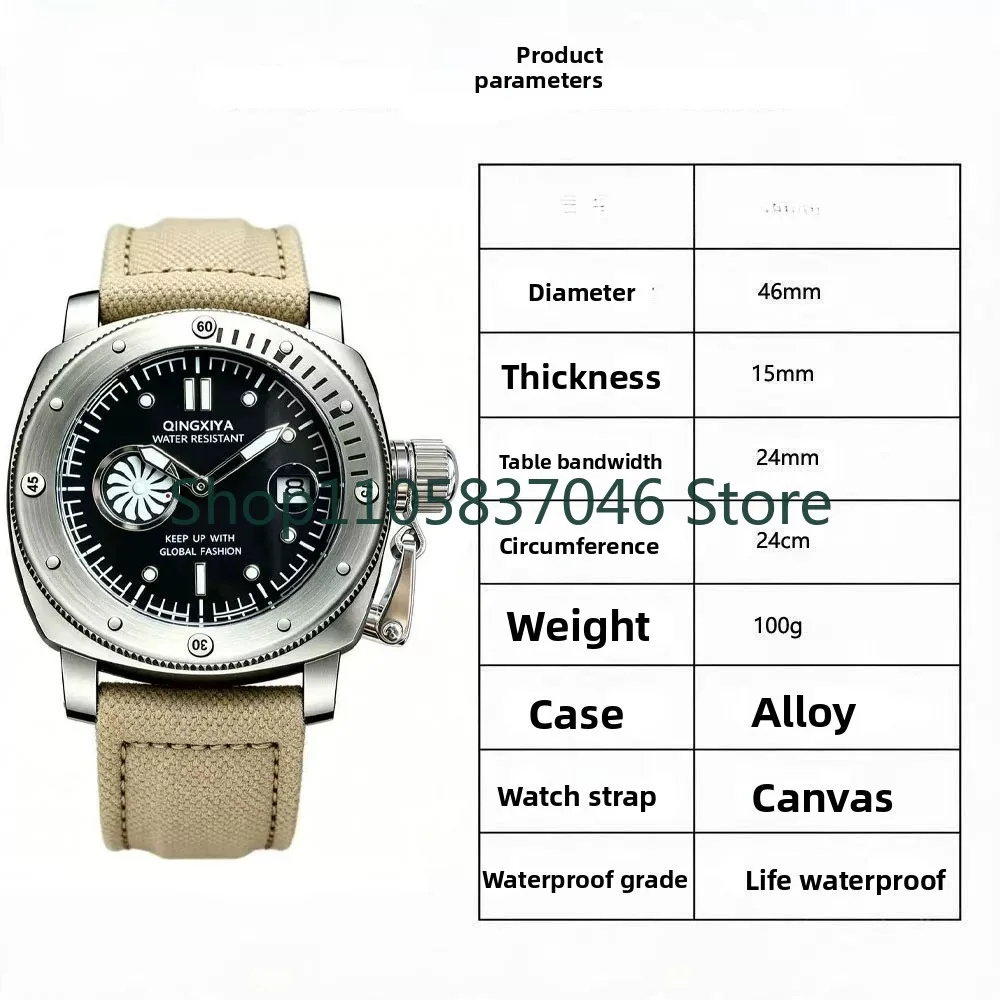 Vintage large dial watch with a male personality and design, featuring a lock buckle that can rotate with small fan, workwear,