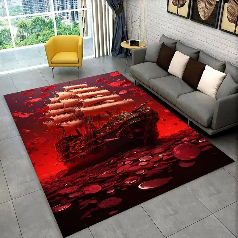 Storm Pirate Ship Boat Barque Large Area Rug Non-slip Durable Carpet for Bedroom Living Room Sofa Doormat Home Decor Floor Mat