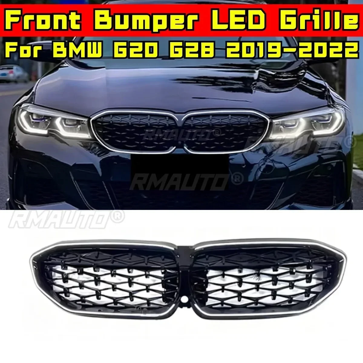 LED Grill For BMW 3 Series G20 G28 2019-2022 Car Front Bumper Racing Grille Body Kit Front Bumper LED Grille Modification Part