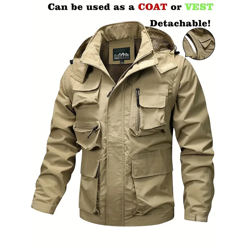 

Съемная ветрозащитная куртка с капюшоном, подходящая для мужских активного отдыха, повседневный водонепроницаемый штурмовой костюм, многоместный грузовой жилет
