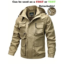 Detachable windproof hooded jacket suitable for men's outdoor activities, casual waterproof assault suit, multi bag cargo vest