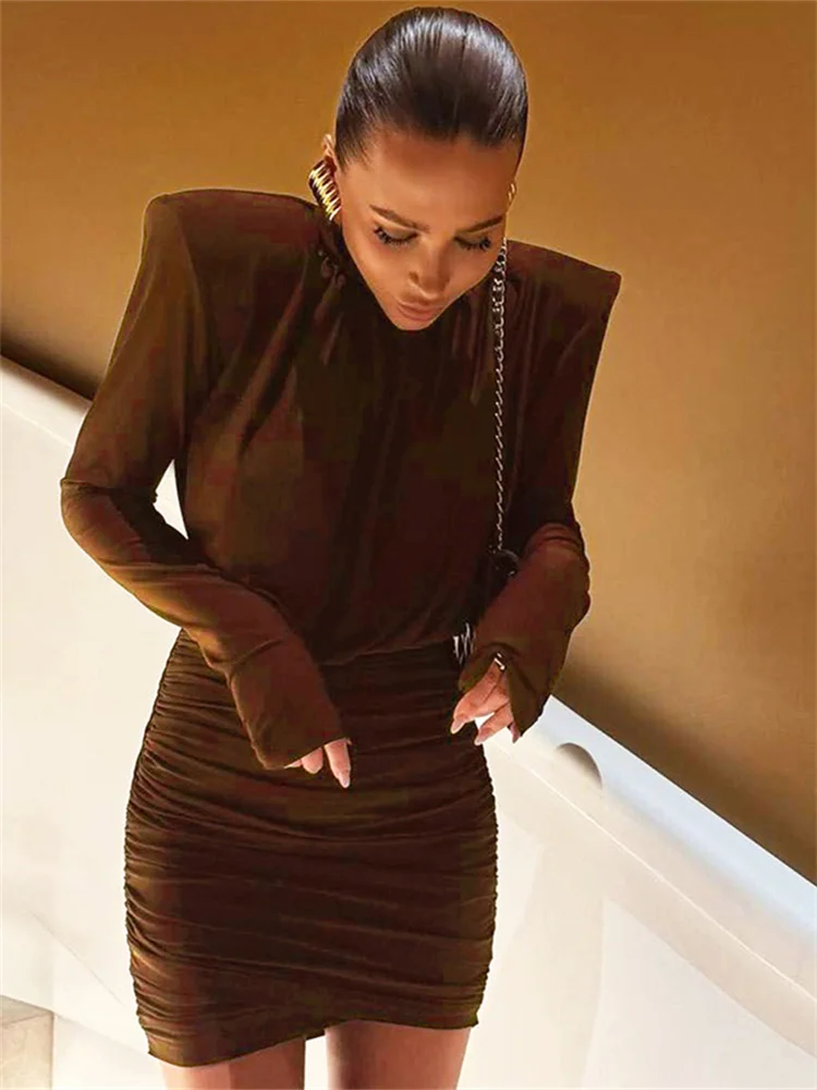 Sukienki mini z golfem, seksowne, modne, damskie, z długim rękawem, obcisłe, z wysokim stanem, podkreślające biodra, na wieczorne przyjęcie, marszczone, eleganckie, typu bodycon.