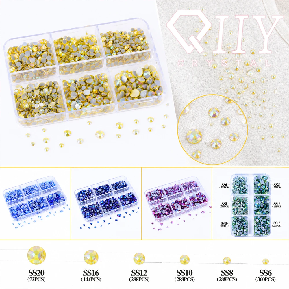 QIIY Mix Size 6 Grids Boxed Crystal AB Flatback Hotfix Various Color SS6-SS30 Glass Rhinestones For Nail Art Clothes Decoration