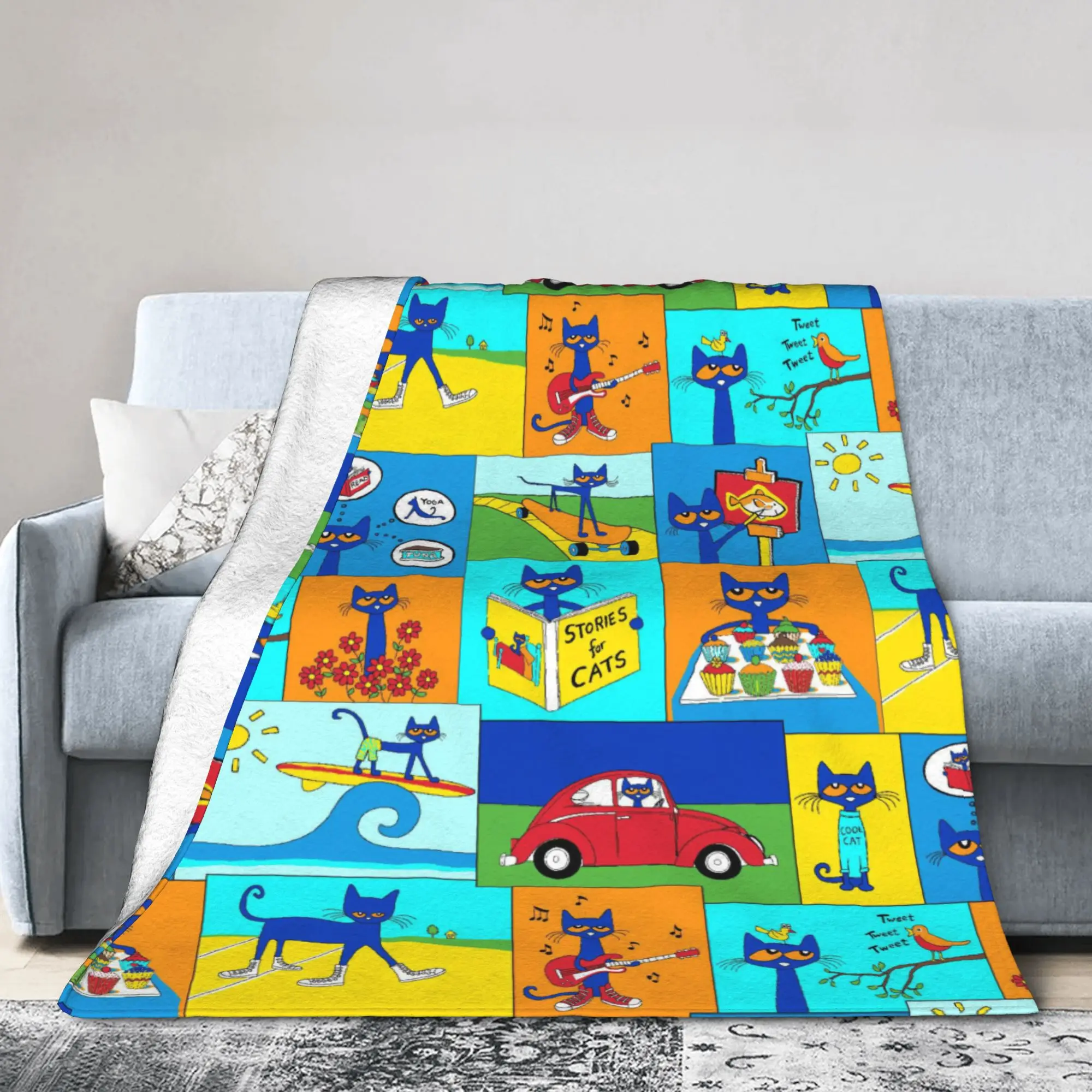 Pete the Cat  Blankets Groovy Kitten Flannel Vintage Warm Throw Blanket for Home Spring Autumn