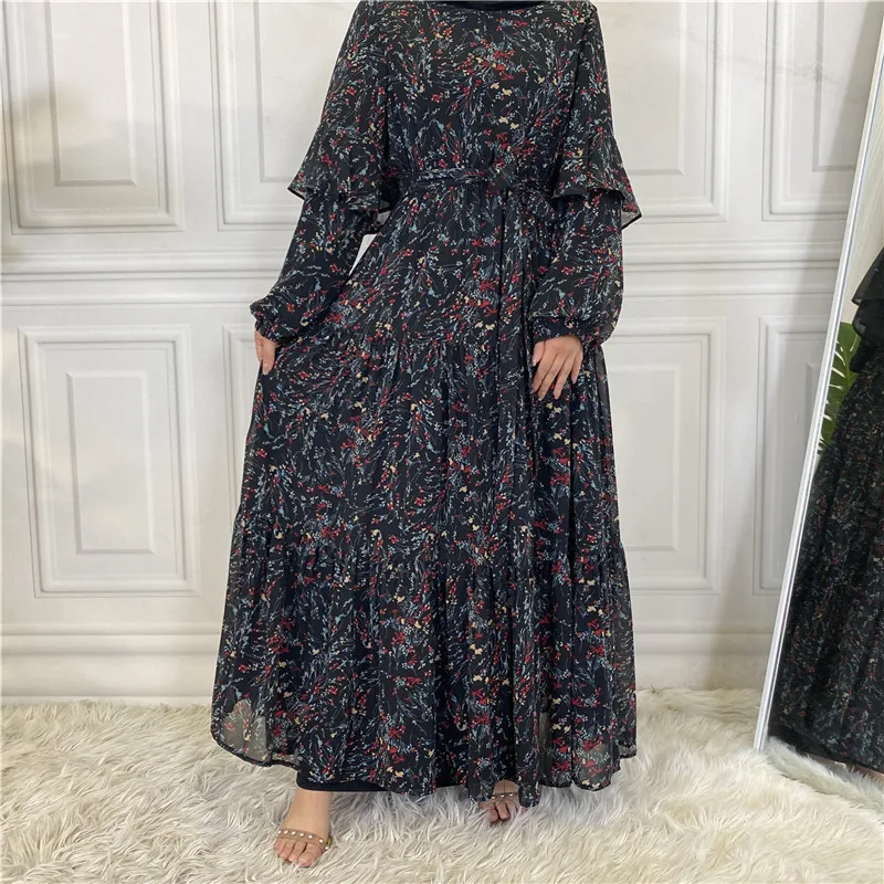 

Woman Muslim Abaya Printed Flared Sleeves Fashion Chiffon Dress Elegant Dubai Turkey Arabic Islamic Turkey Saudi Muslim Dress