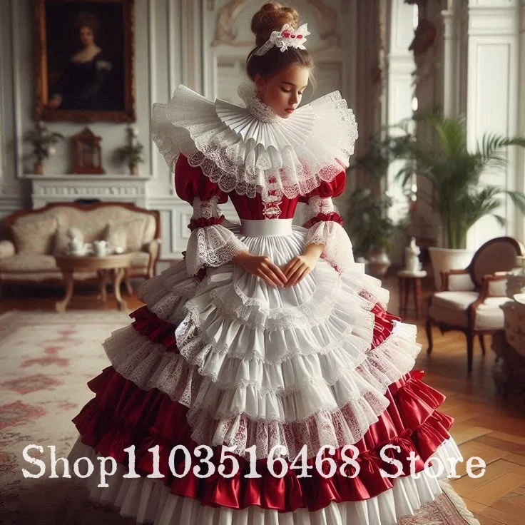 Maßgeschneidertes viktorianisches Vintage-Ballkleid aus dem 18. Jahrhundert, Spitze, Stehkragen, Korsett, voller Rock, Puffy-Saum, Elizabeth Maid-Themen-Abendkleid