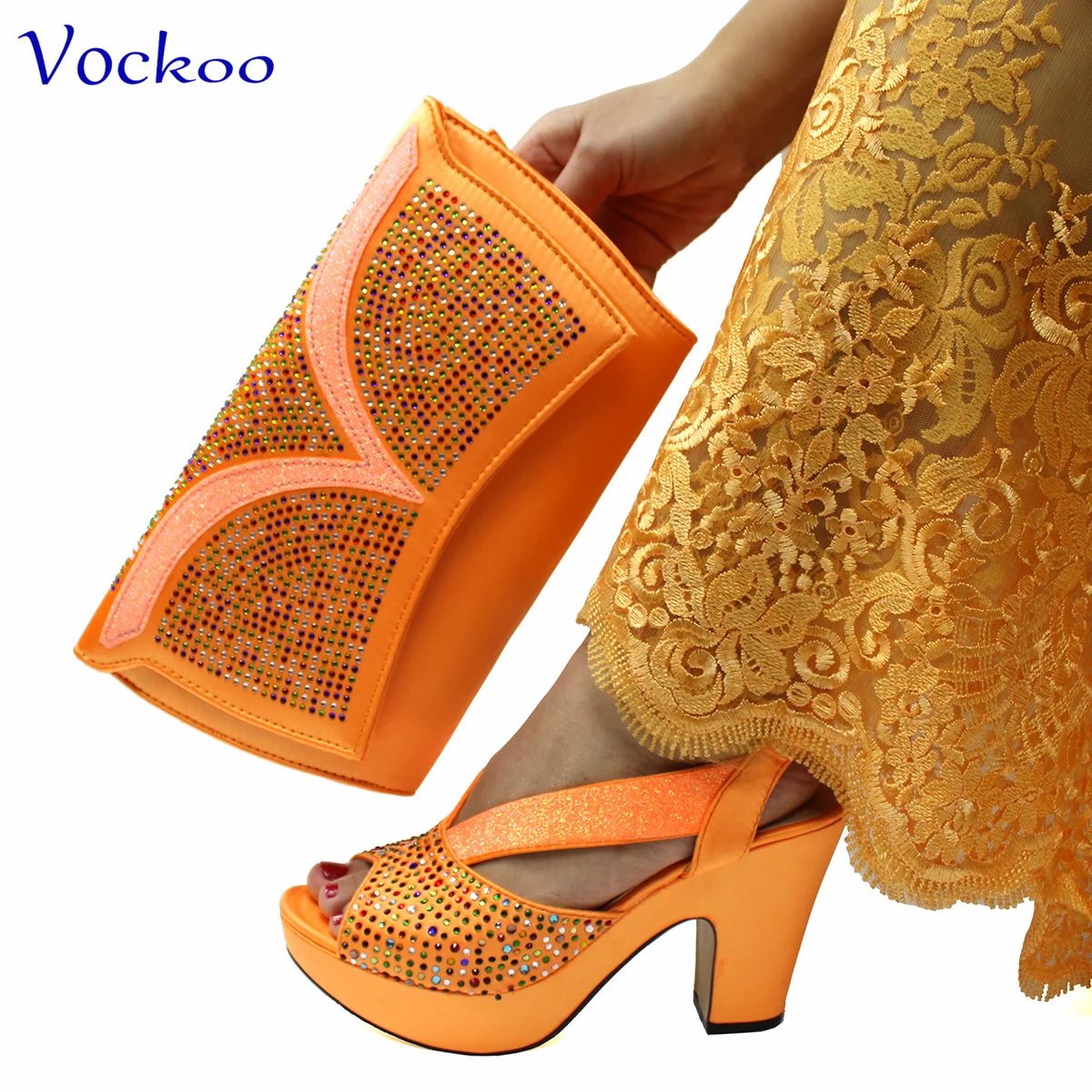 

Orange Color INS Hot Sale Nigerian Women Shoes and Bag Set 2024 Winter New Arrivals Mature Style Sandals for Party