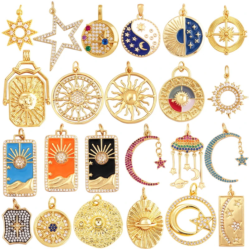 Shining Celestial Sun Moon Star Space Charm Pendant in Gold Color,Inlaid CZ Zirconia Jewelry Necklace Bracelet Making Supply L42