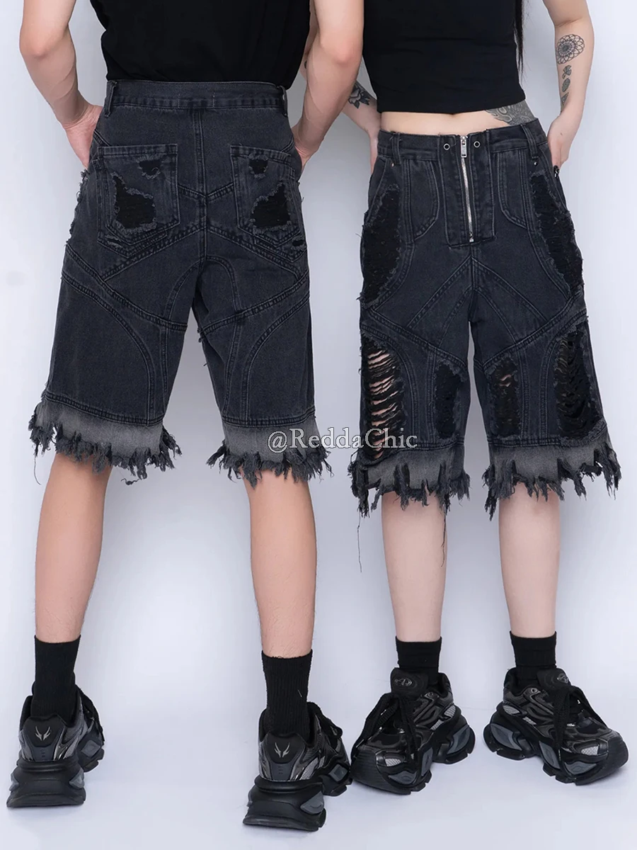 REDDACHiC Pantaloncini di jeans cargo patchwork sfilacciati da donna Bordo grezzo Cerniera Pantaloni bermuda a gamba larga distrutti Grunge Harajuku Streetwear