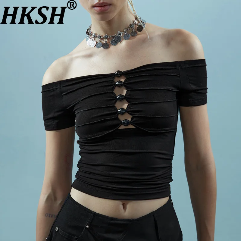 

HKSH Summer New Women Tide High Street Original Design Personality Off-Shoulder Hollow Out Casual Ins Trendy Short Tops HK7644