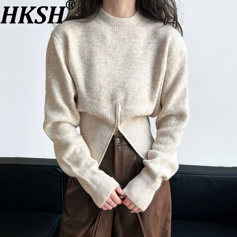 

HKSH Autumn Winter New Women Sweater O-neck Pullover Waist Cinhcing Zipper High-end Elegant Korean Casual Streetwear Top HK11739