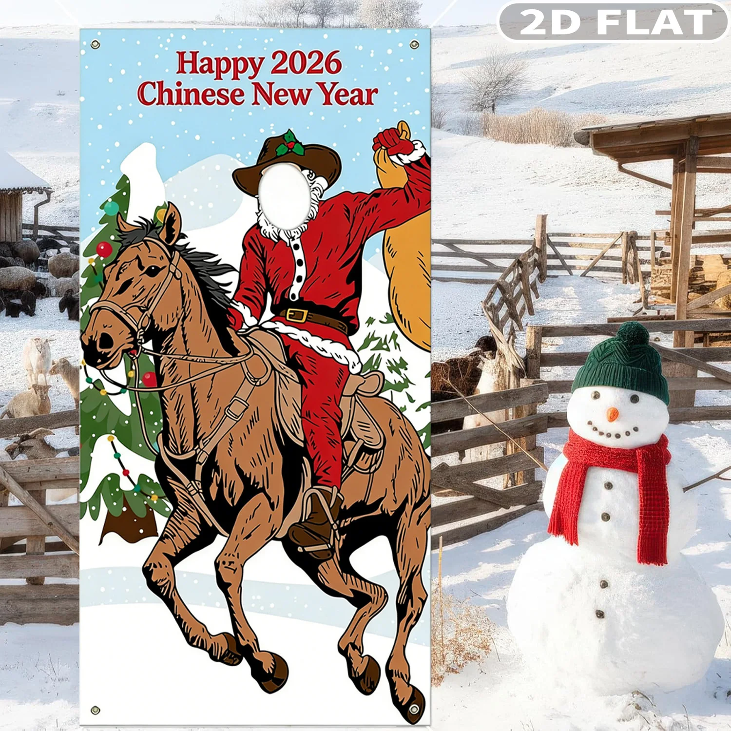 

2D FLAT 1pc Western Cowboy Chinese New Year 2026 Party Photobooth Props, Polyester Banner, 2026 Horse New Year Design Backdrop