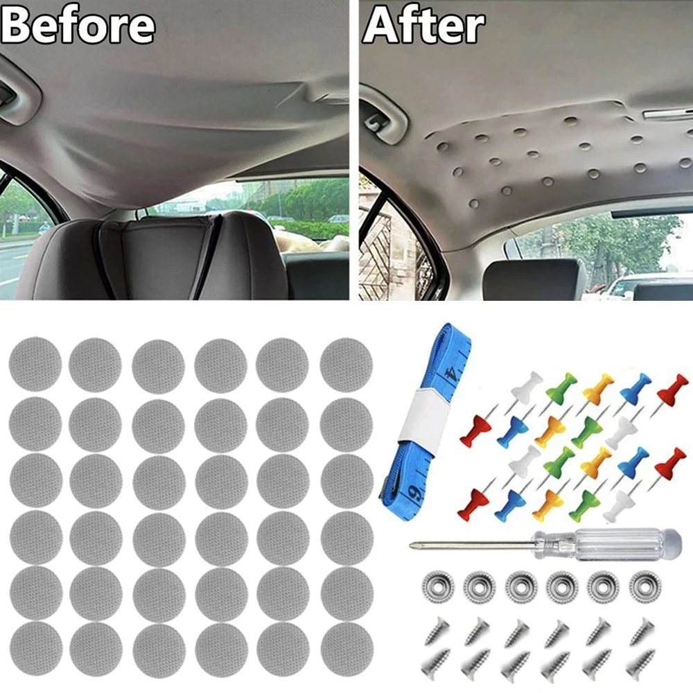 

Комплект для ремонта обшивки потолка автомобиля: фиксаторы, заклепки, крепежные элементы для устранения провисания обшивки потолка, уход за автомобилем