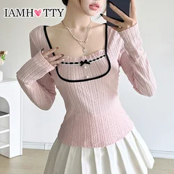 IAMHOTTY y2k Patchwork Knitted Top Pink Lolita Style Bow Buttons Decorate T-shirts Autumn Spring Coquette Aesthetic Knitwear New