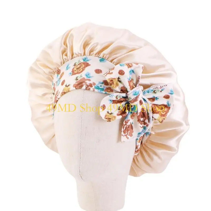49MD Elastic Satin Hair Cap for Sleeping Reversible Bowknot Decor Haircare Child Headwear Ceremony Elasticity Night Hat