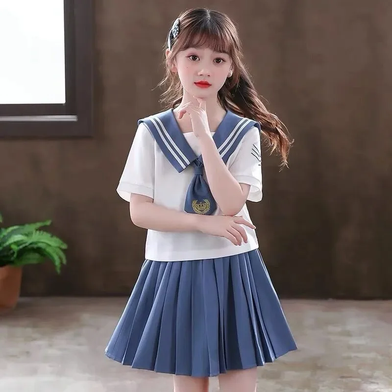 2024 new teens autumn Child School Girl JK Uniform necktie sailor strip Blouse Shirt + solid Pleated Skirt 2pc set 8 10 12 year