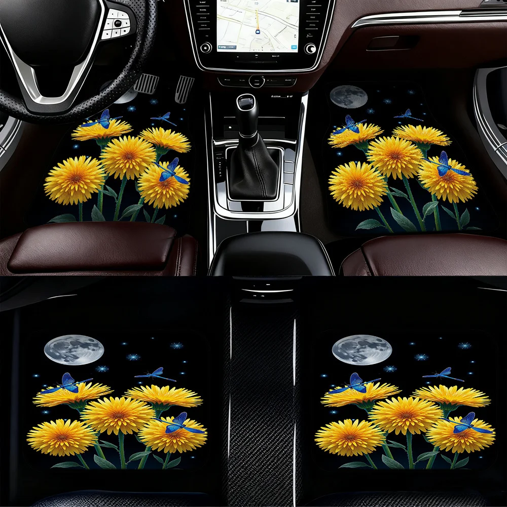 4pcs Auto Mats Showcasing Dandelions Sun Moon Dragonflies Design, Compatible With Crossovers Or Minivans, Offering Easy Maintena