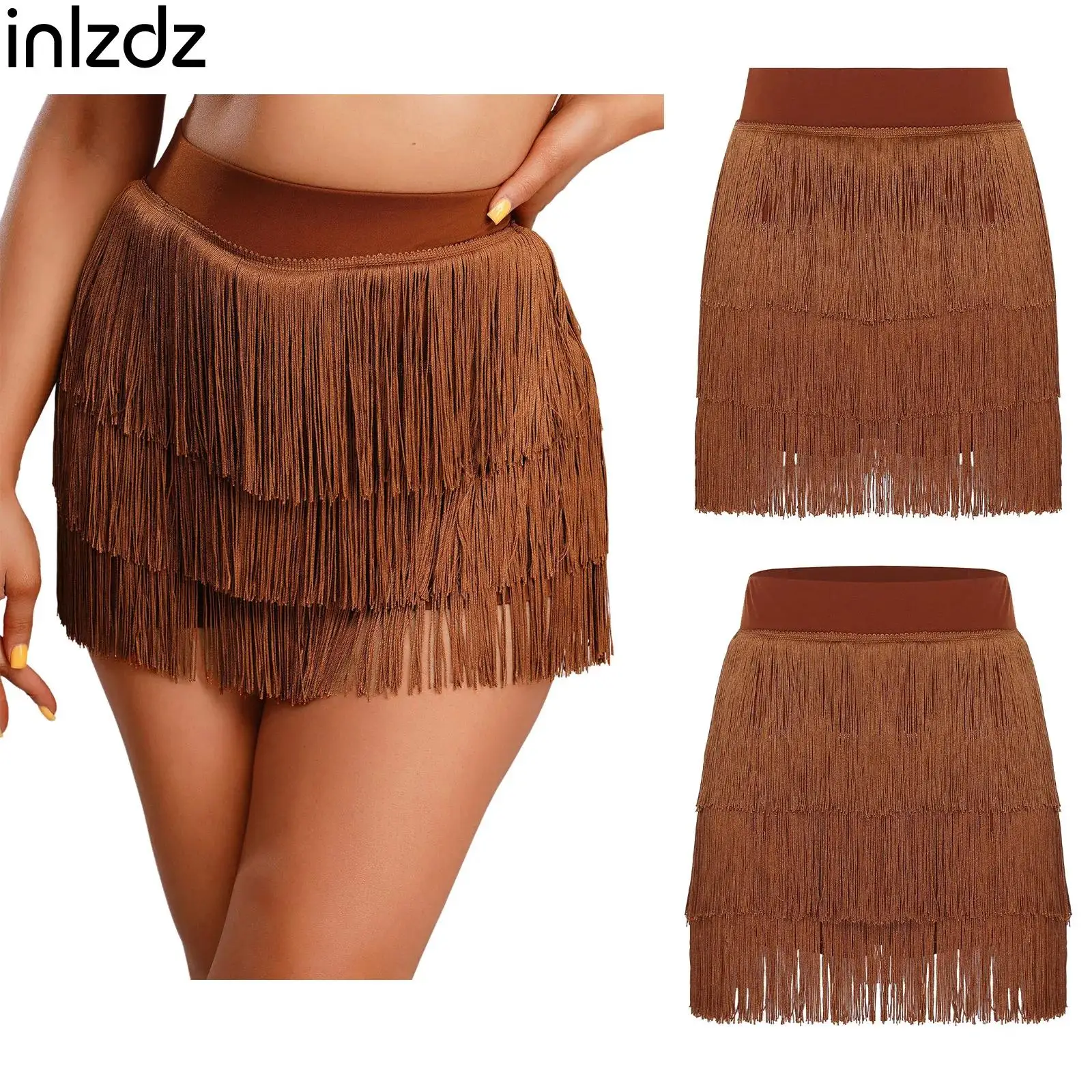 

Adult Latin Dance Skirt Womens Dance Performance Costume Elastic High Waist Tassel Fringe Skirt Salsa Rumba Chacha Dance Costume
