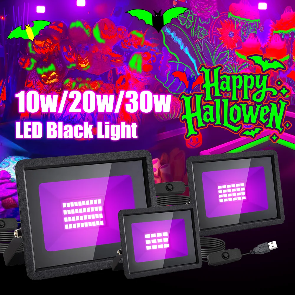 LED UV Black Light 10W/20W/30W Flood Light 385 NM, UV Spotlight with Switch for Holiday Party, DJ, Stage Lighting, Halloween