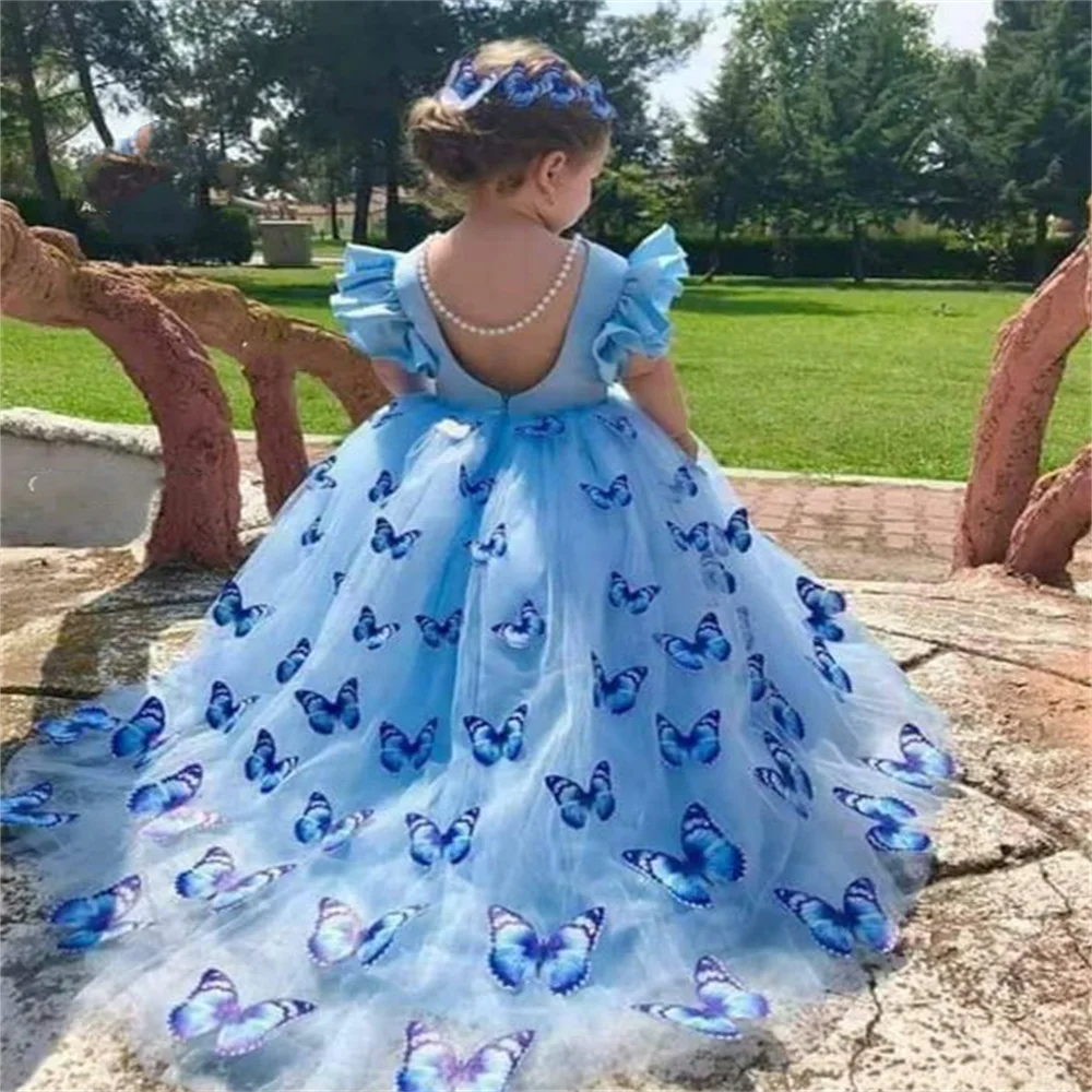 Blue 2024 Flower Girl Dresses Tulle Wedding Butterfly Appliques Court Train Ball Gown First Communion Dress for Kids Party