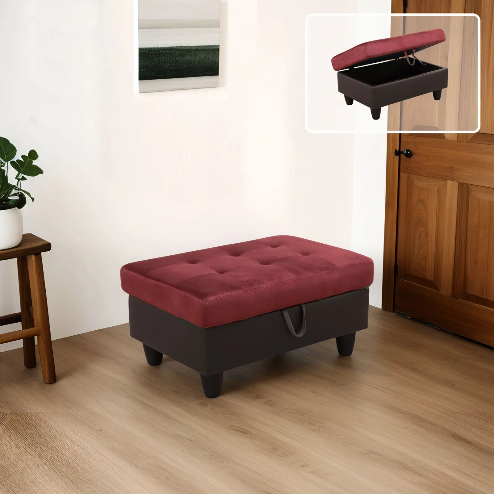 مسند فانيلا أحمر متعدد الوظائف مع مساحة تخزين ومسند للقدمين سهل التنظيف لأثاث غرفة المعيشة متعدد الوظائف