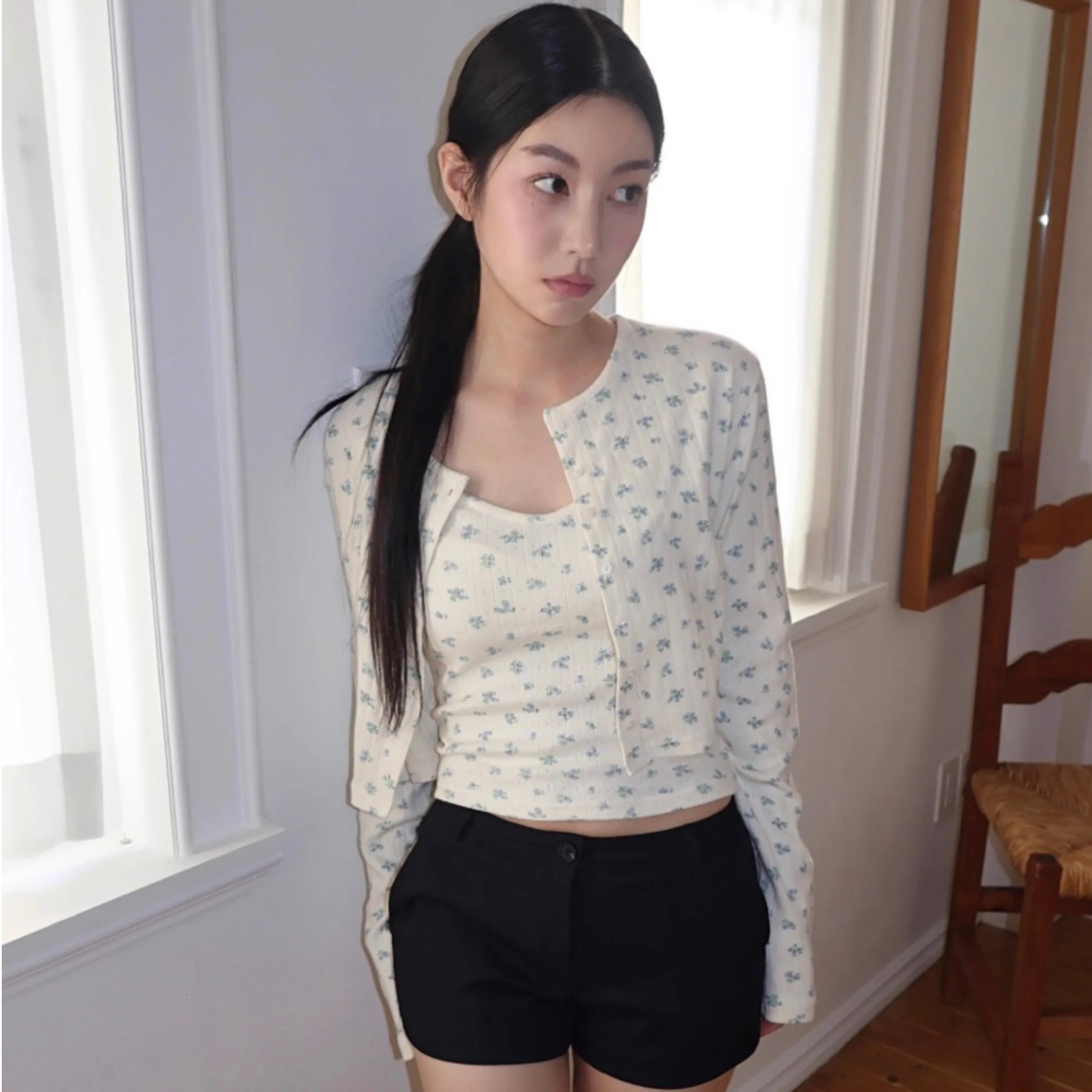 Korean Style Chic  Small Floral Gentle Button Long Sleeve Open Cardigan Tank Top Two Piece Set Women's Short Outerwear