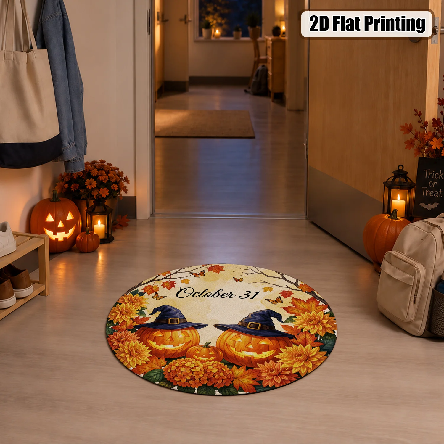 Autumn Maple Leaves Butterfly Pattern Round Velvet Rug, Machine Washable Soft Floor Mat, Great for Living Room, Bedroom, Entryway, Dining Area, Suitable for Halloween, Thanksgiving, Christmas, New Year, Black Friday, Cyber Monday Decor