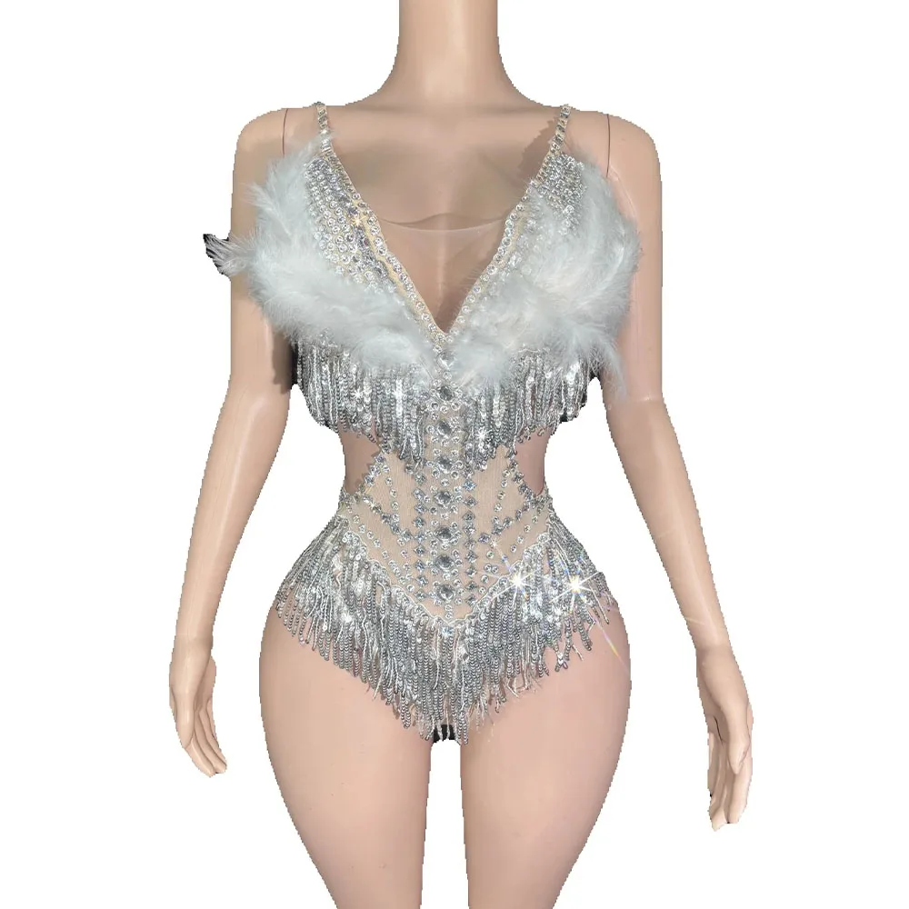 

Блестящий боди с пайетками, стразами, бахромой и перьями для женщин: сексуальный прозрачный костюм для выступлений, танцев, фотосессий и сценических выступлений