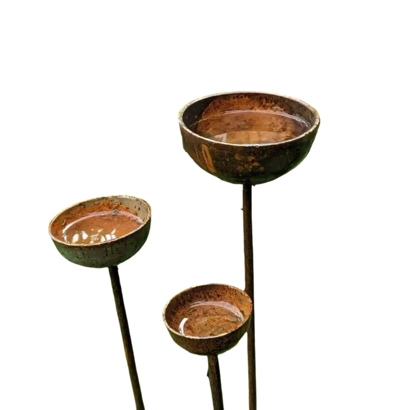 Metal Bird Bath Bowls Set of 3 with Weathered Iron Posts, 6/8/10cm Water Dishes for Yard Flower Plots, Backyard Routes, and B03E