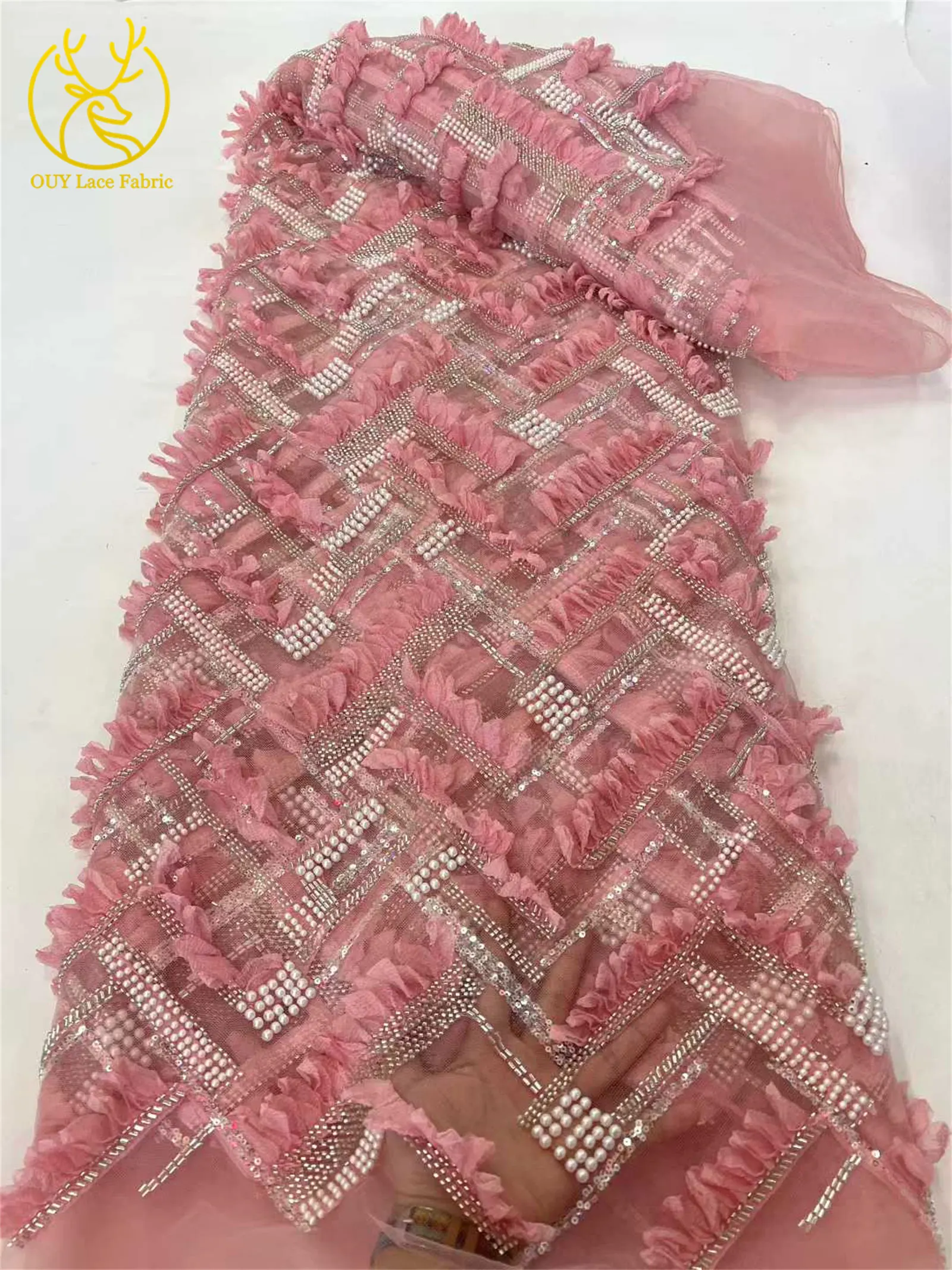 Neues Design 3D Afrikanischer Perlenstickerei-Spitzenstoff 2026 Hochwertiger Französischer Pailletten-Tüllspitzenstoff für Nigerianische Hochzeitskleider – Detail 7