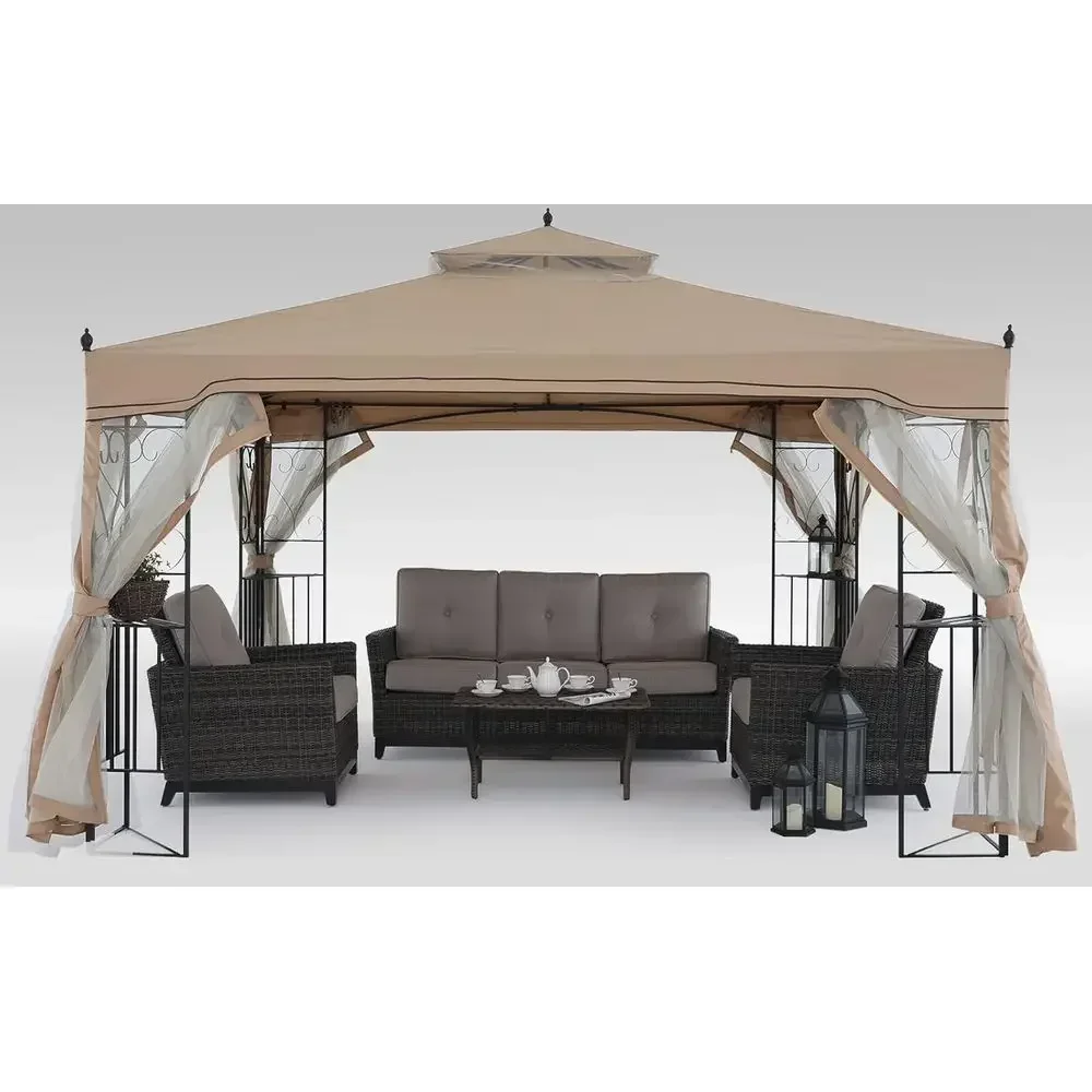 10x10 Beige Patio Gazebo with Mesh Walls for Lawn, Garden, Backyard, and Deck