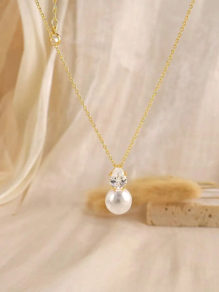 Pearl And Crystal Pendant Necklace For Women, Bridal Wedding Jewelry Gift