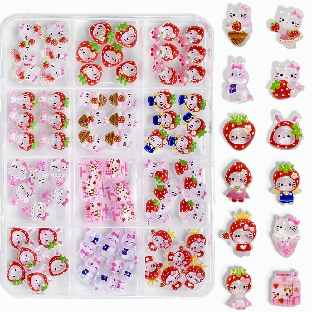 72 szt. Urocze błyskotki do paznokci w kształcie truskawek Hello Kitty, truskawkowy kapelusz, lodowy, półprzezroczysty brokat, sukienka, ozdoby do paznokci z kotem KT