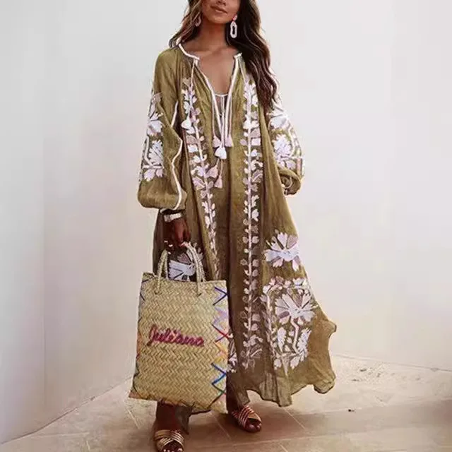 Boho elegante stampa abito lungo per le donne allentato Casual scollo a V Lace Up grande orlo abiti lunghi stile 2024 moda nuova signora Robe