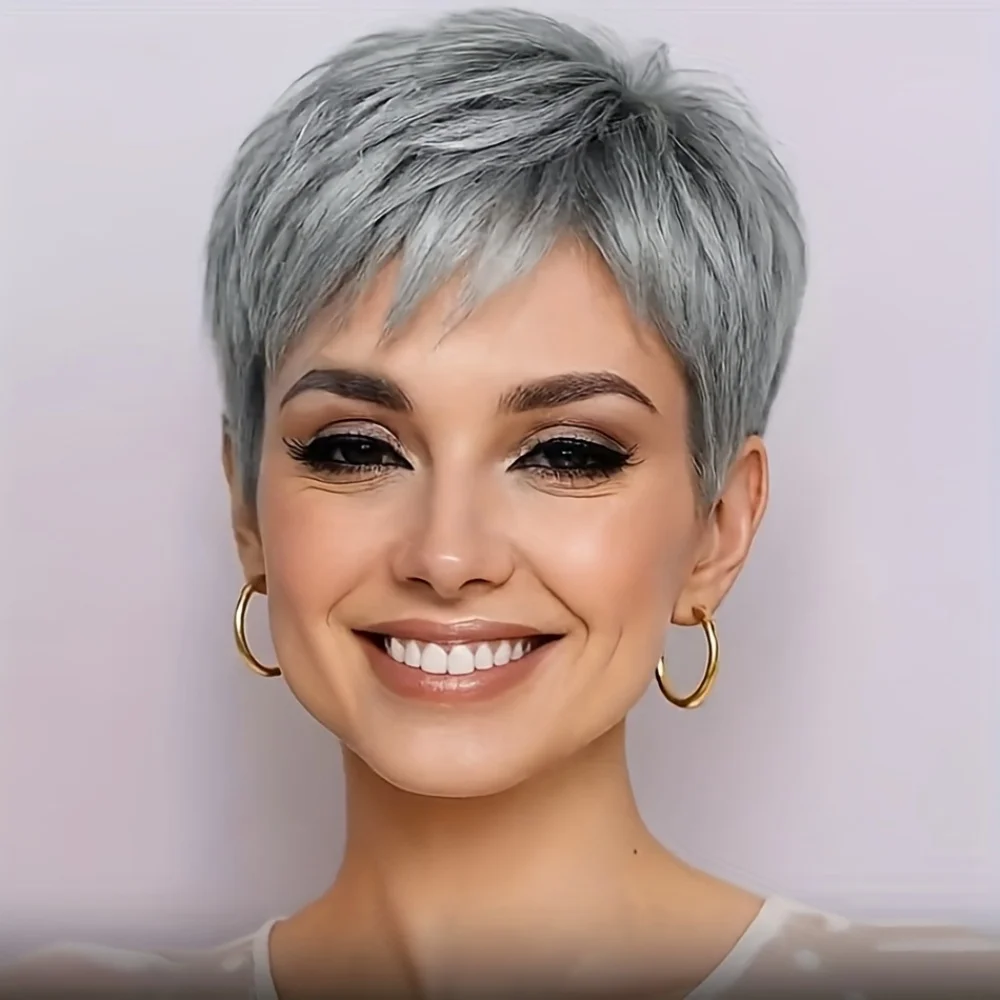 Pixie cut Human Hair Wig Natural Grey Pixie Cut with Straight Layered Hair Natural Look Short Hair Wig Full Machine-Made Wig ﻿
