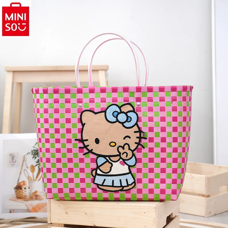 MINISO   Summer cartoon Hello Kitty woven contrasting color mommy handbag for women's fashionable checkered storage beach bag