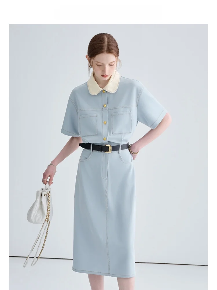 VEGA CHANG 여름 신상 슬레 여성용 티 브레이크 Dr Ele 슬리밍 햅번 슬레 인형 칼라 롱 Dr 레이디라이크 통근