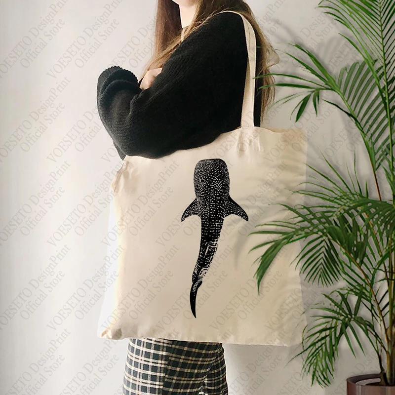 1 pc Whale Shark patternTote Bag Canvas Shoulder Bag For Travel Daily Commute Women\'s Reusable Shopping Bag, Best Gift