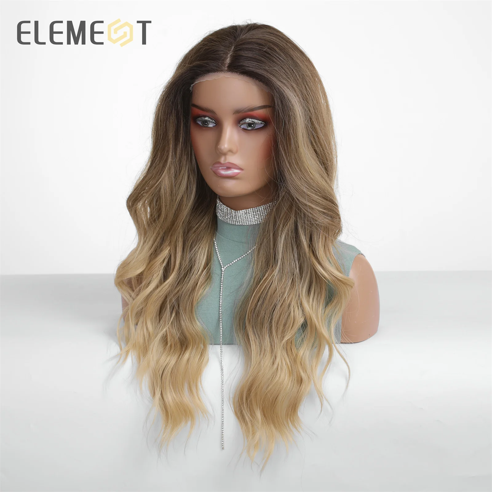 ELEMENT 4*5*0.5 Lace Front Wigs Synthetic Hair Long Water Wavy Ombre Dark Root to Blonde Brown Daily Party Wig for Women