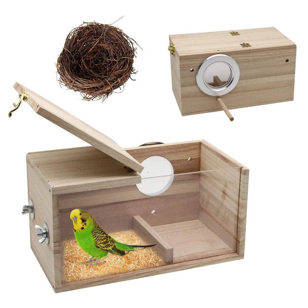 

Transparent Parrot Breeding Box with Nest, Wooden Bird House for Cockatiel, Parakeet, Bird accessories Nesting Breeding Box