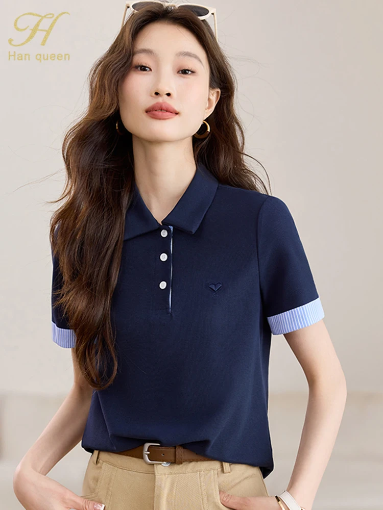 H Han Queen 2025 Summer Polo Women Tees Chic Color Matching Loose Woman Clothin… - Image 3