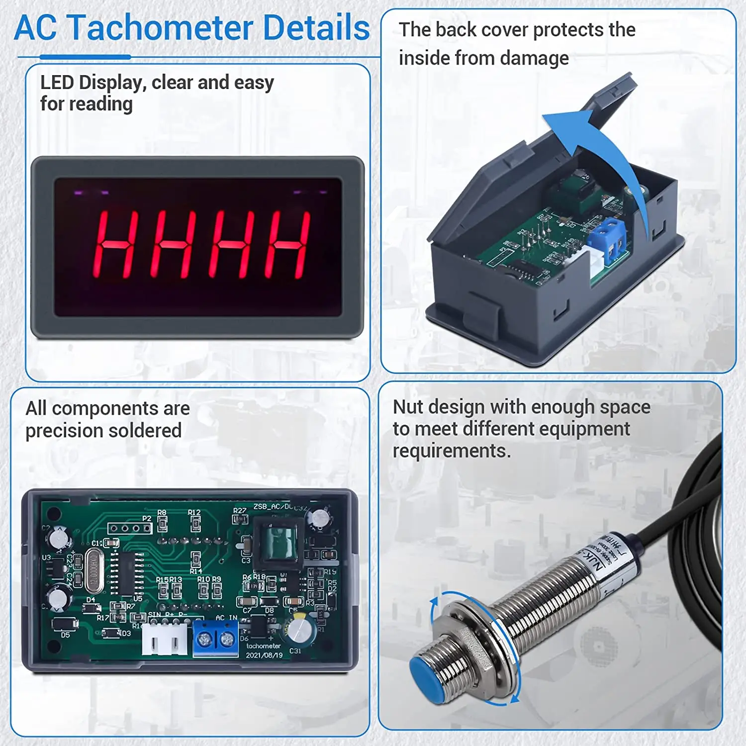 디지털 LED 타코미터 RPM 속도계 AC 110V 220V 4Bit 모터 타코미터, 홀 근접 스위치 센서 포함 선반 용 NPN