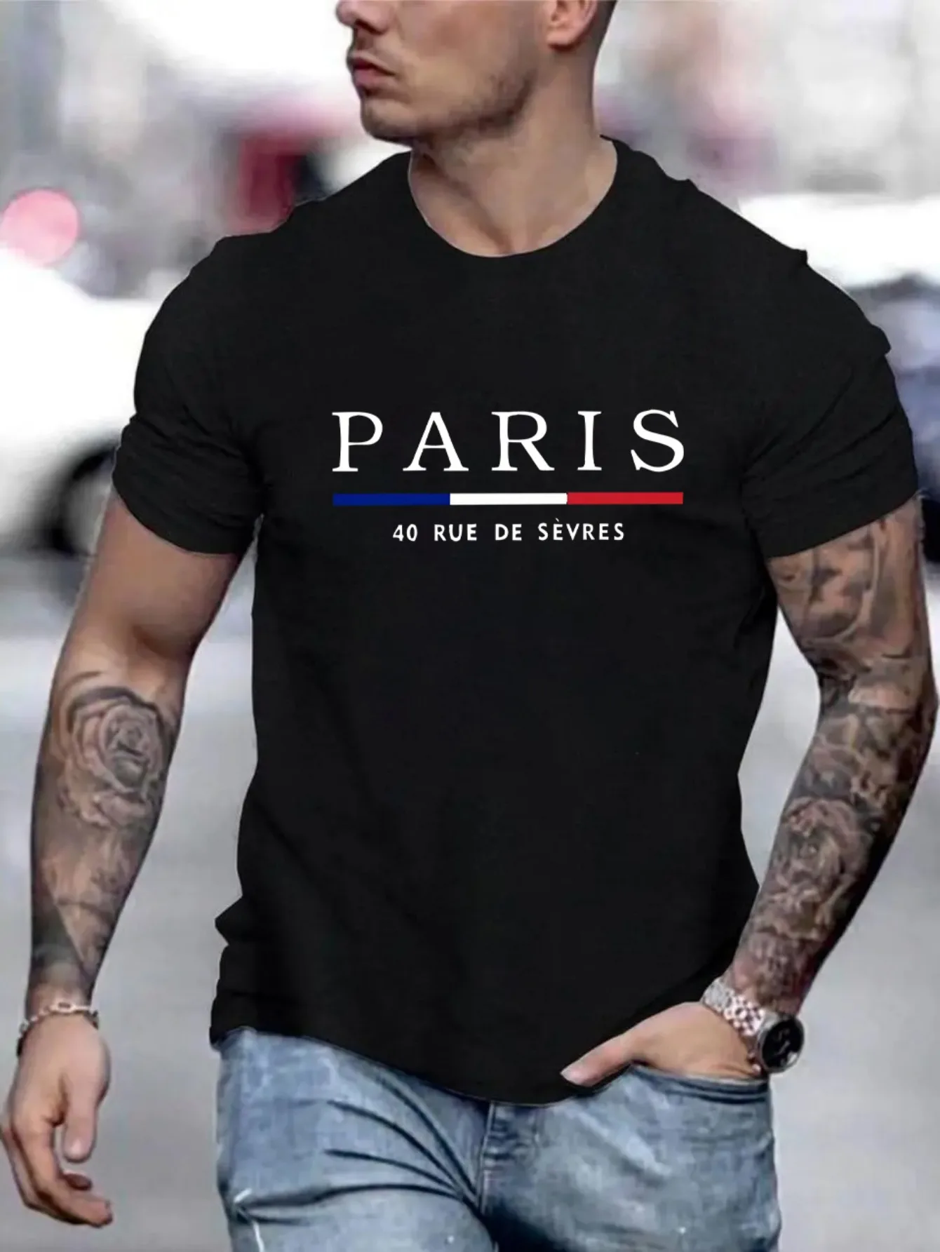 Men's 100% pure cotton summer loose size PARIS letter pattern print casual comfortable round neck short sleeved T-shirt top