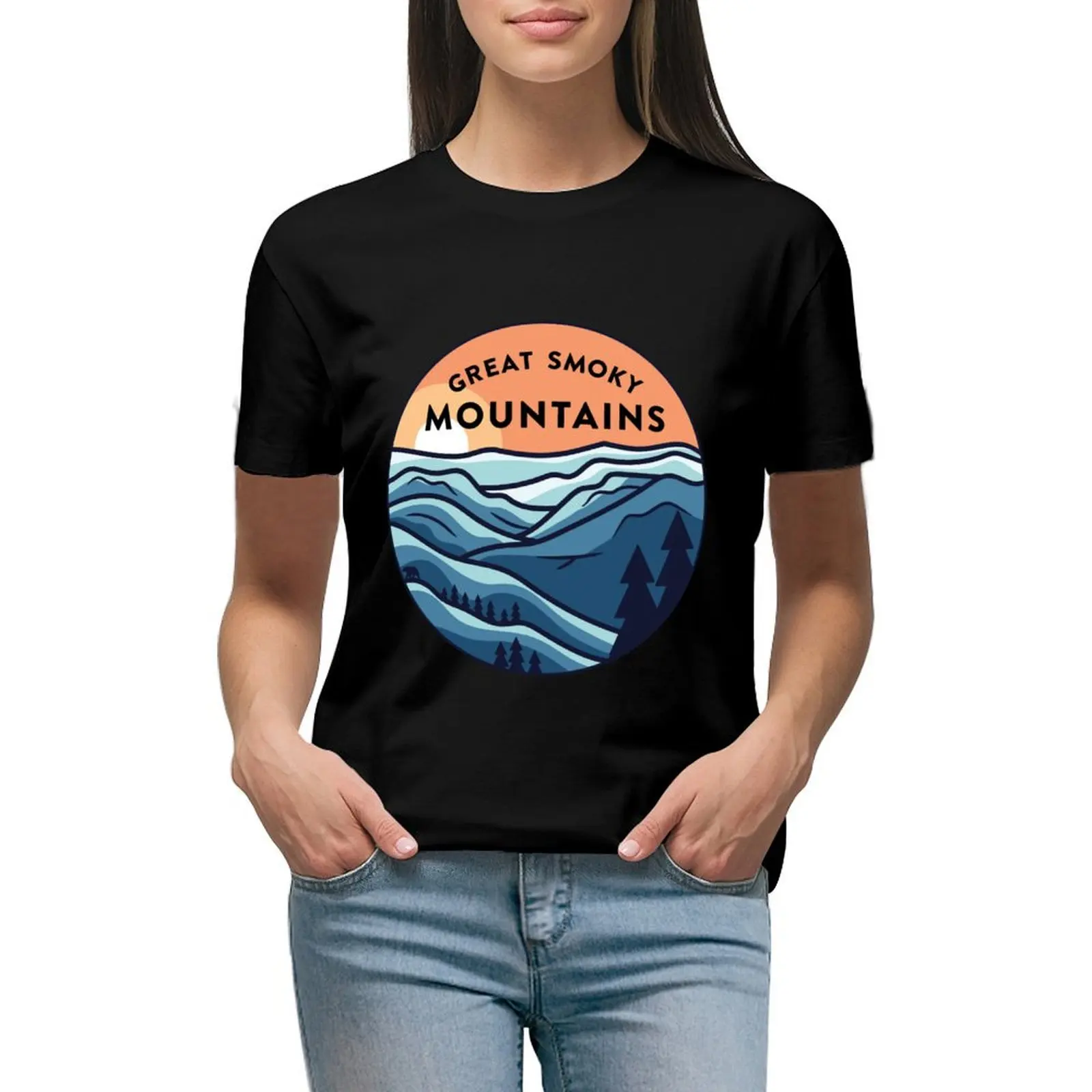 Great Smoky Mountains Sticker T-shirt Short sleeve tee shirts graphic tees plus size tops cat shirts for Women