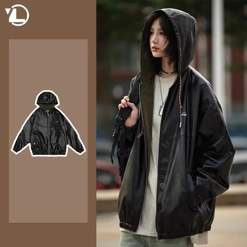 Harajuku Hooded Men Pu Leather Jacket Autumn Vintage Motorcycle Black Coat Male Hip Hop Zipper Outerwear Unisex Streetwear 2023