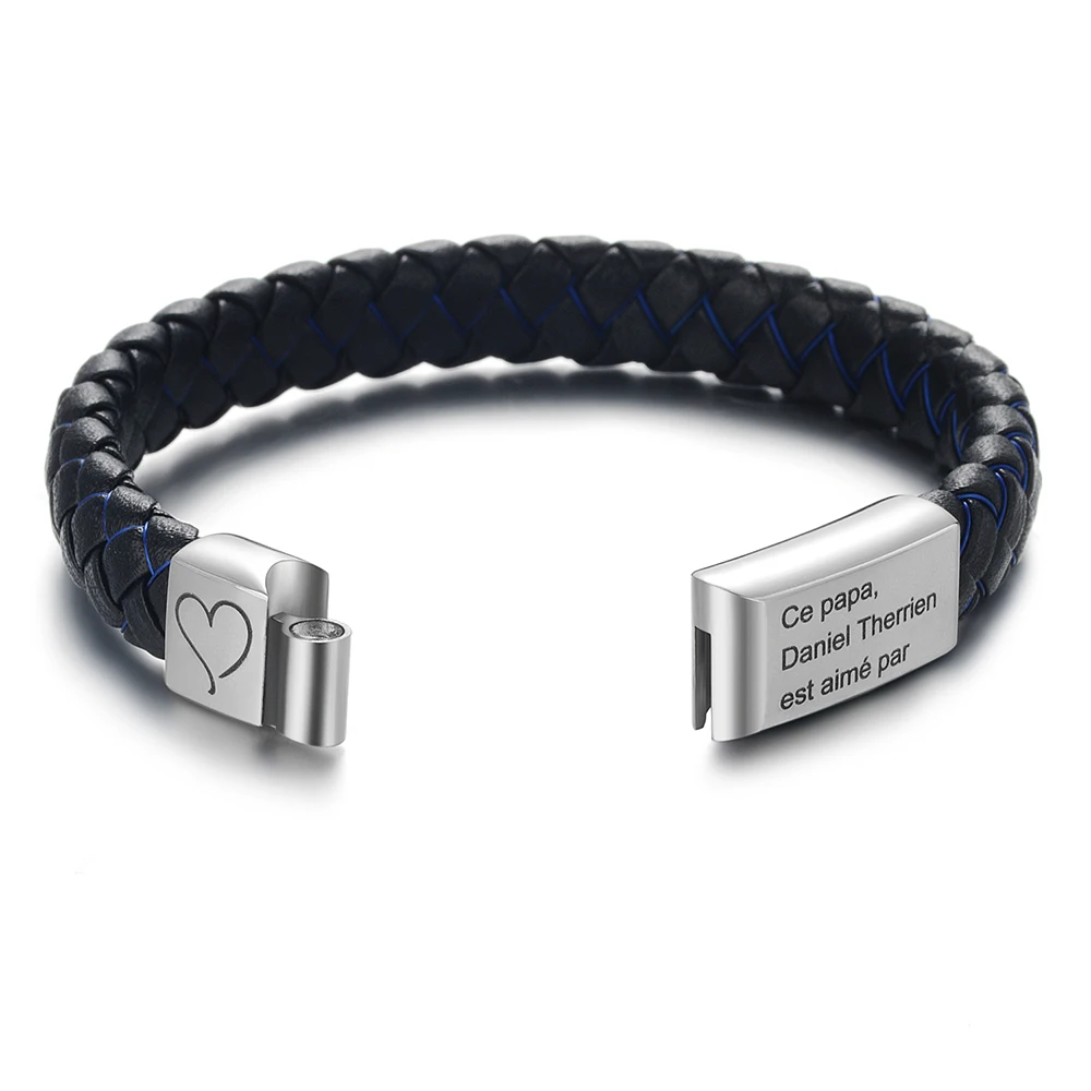 Custom Engrave Name Braided Leather Bracelet Black Stainless Steel Magnet Buckle Woven Bracelets for Man Father's Day Gift view 5