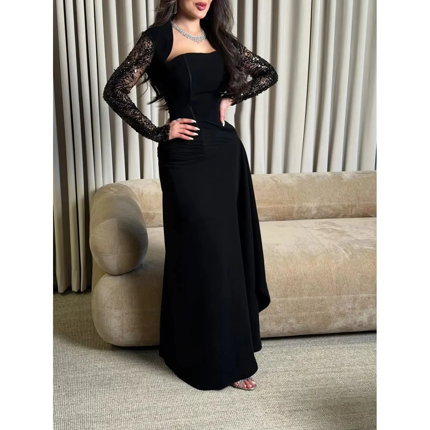 

Sparkly Black Long Bespoke Occasion Gown Evening Dresses Prom Pastrol Unisex Jersey Retro Dubai Saudi Arabic Customized