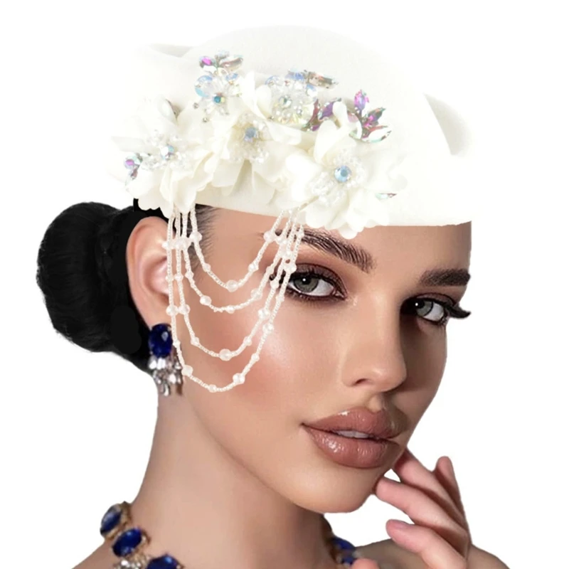 Soft Wool Blend Rhinestones With Dangling Tassels Stylish Winter Headwear For Party Occasion
