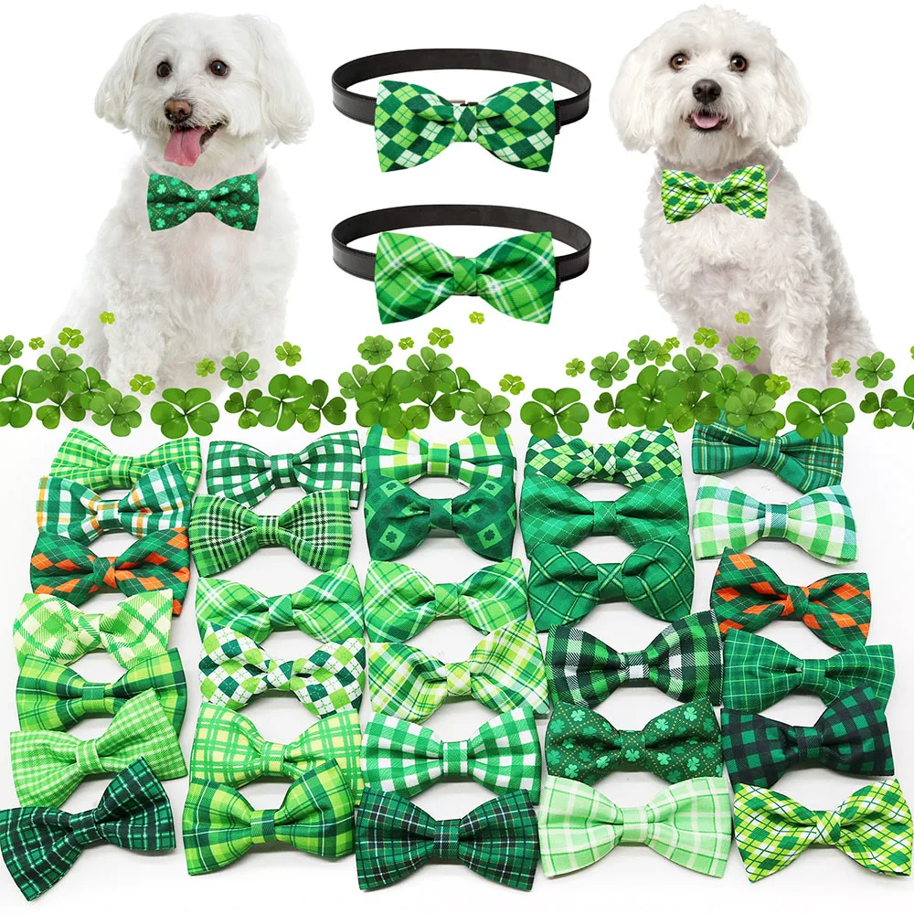 50PCS Spring Plaid Style Dog Bow Tie St. Patrick Removable Small Dog Bowties Collar Accessories For Dogs Pets Grooming Bows