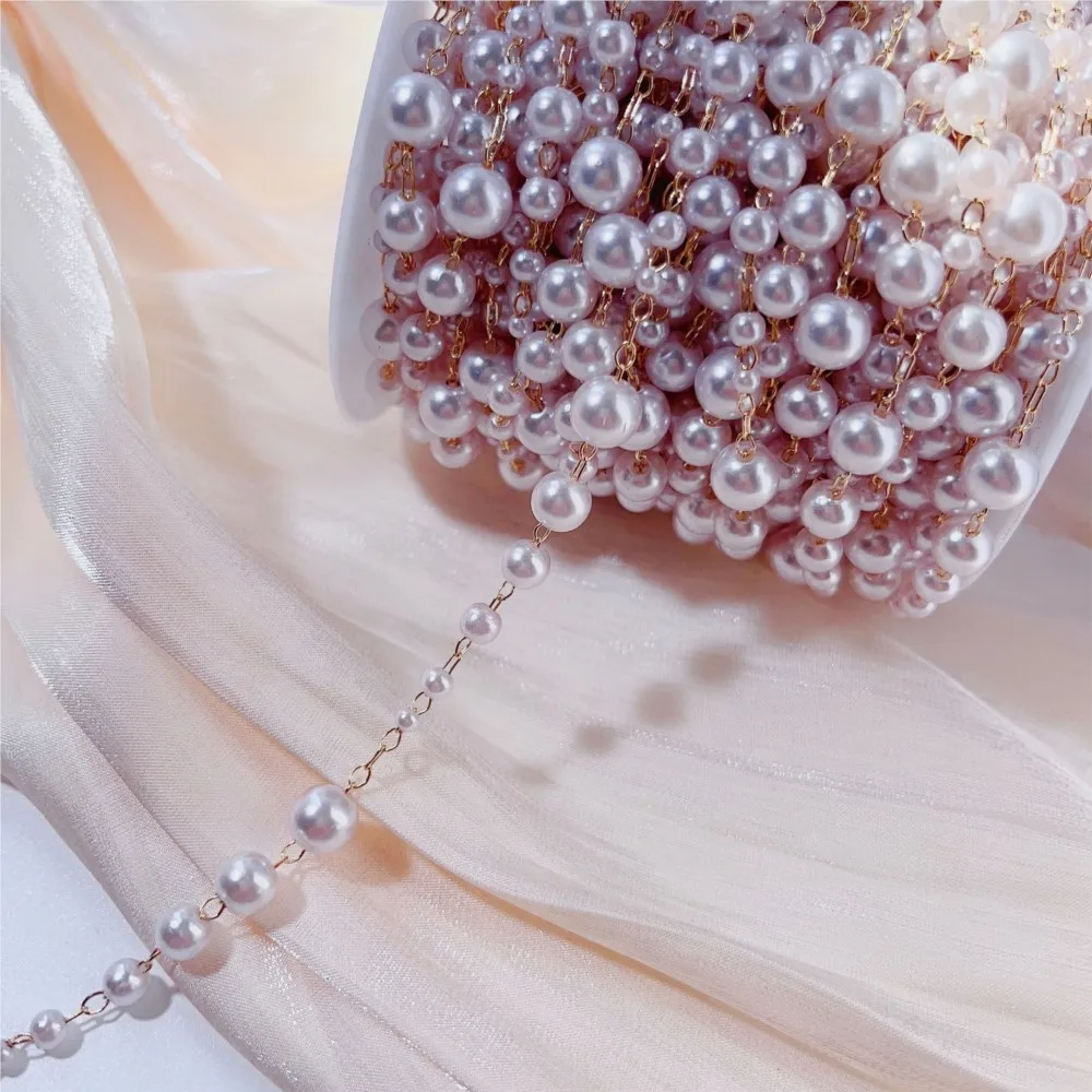 1meter 3-8mm Faux Pearl Beading with Brass Link Chain for Jewelry Making DIY Bracelet Necklace Sewing Crafts Supplies Findings view 5